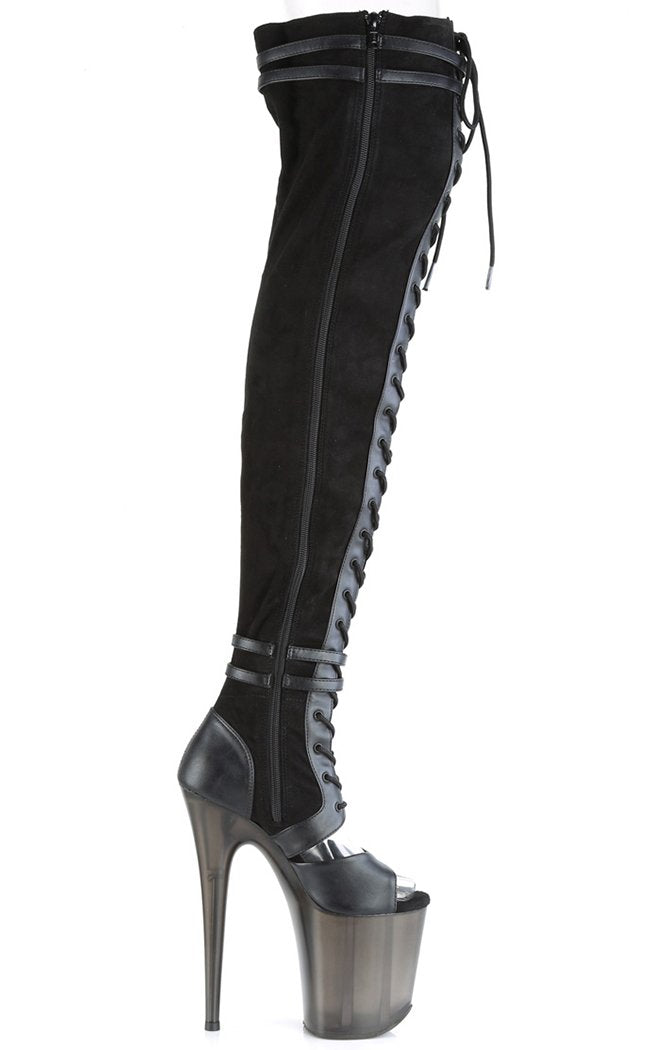 FLAMINGO-3027 Black Faux Suede/ Faux Leather Frosted Thigh High Boots-Pleaser-Tragic Beautiful