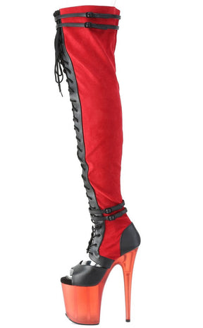 FLAMINGO-3027 Red Faux Suede/ Faux Leather Frosted Thigh High Boots-Pleaser-Tragic Beautiful