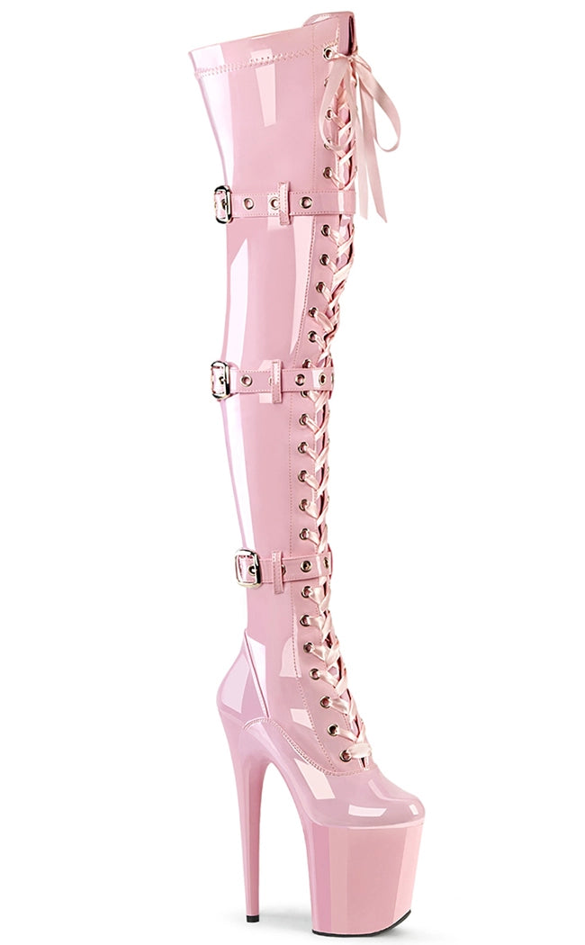 FLAMINGO-3028 Baby Pink Patent Thigh High Boots