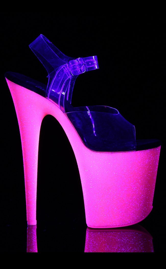 FLAMINGO-808UVG Clear/Neon Hot Pink Glitter Heels-Pleaser-Tragic Beautiful