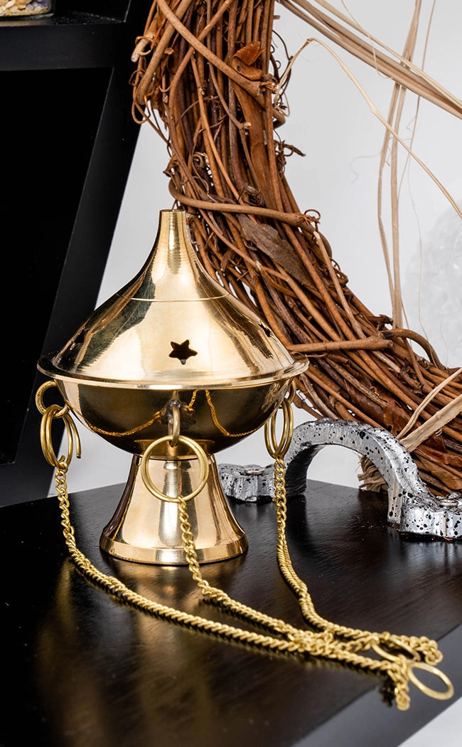 Hanging Brass Charcoal Incense Burner with Chain for Rituals