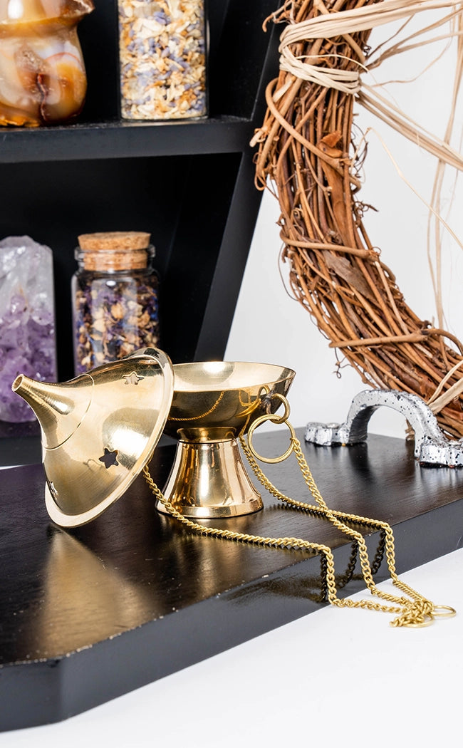 Hanging Brass Charcoal Incense Burner with Chain for Rituals