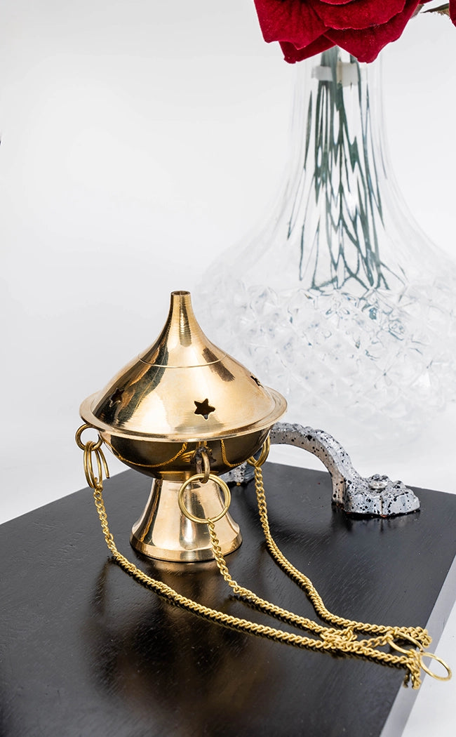 Hanging Brass Charcoal Incense Burner with Chain for Rituals