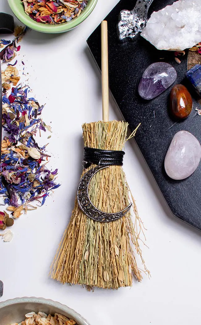 Mini Besom Wiccan Broom | Crescent Moon-Witchcraft Supplies-Tragic Beautiful