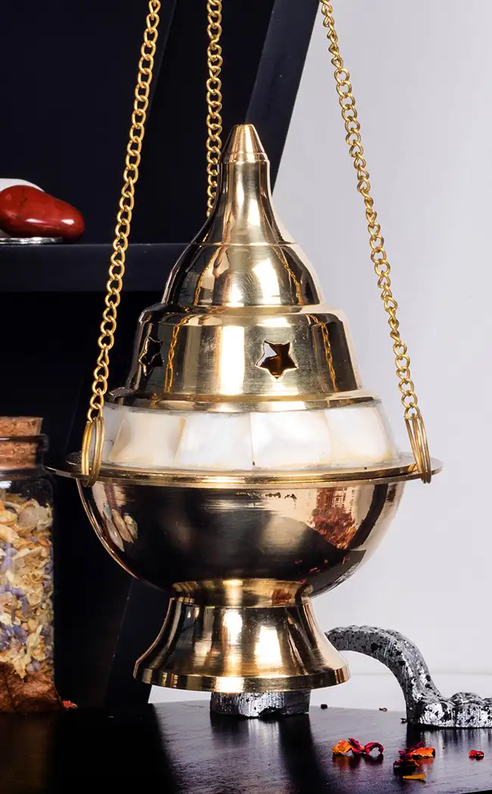 Mother Of Pearl Brass Hanging Charcoal Incense Burner-Incense-Tragic Beautiful