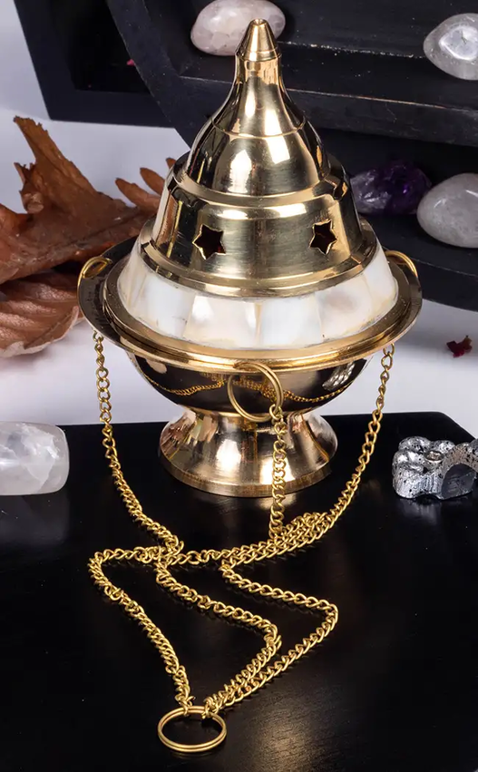 Mother Of Pearl Brass Hanging Charcoal Incense Burner-Incense-Tragic Beautiful