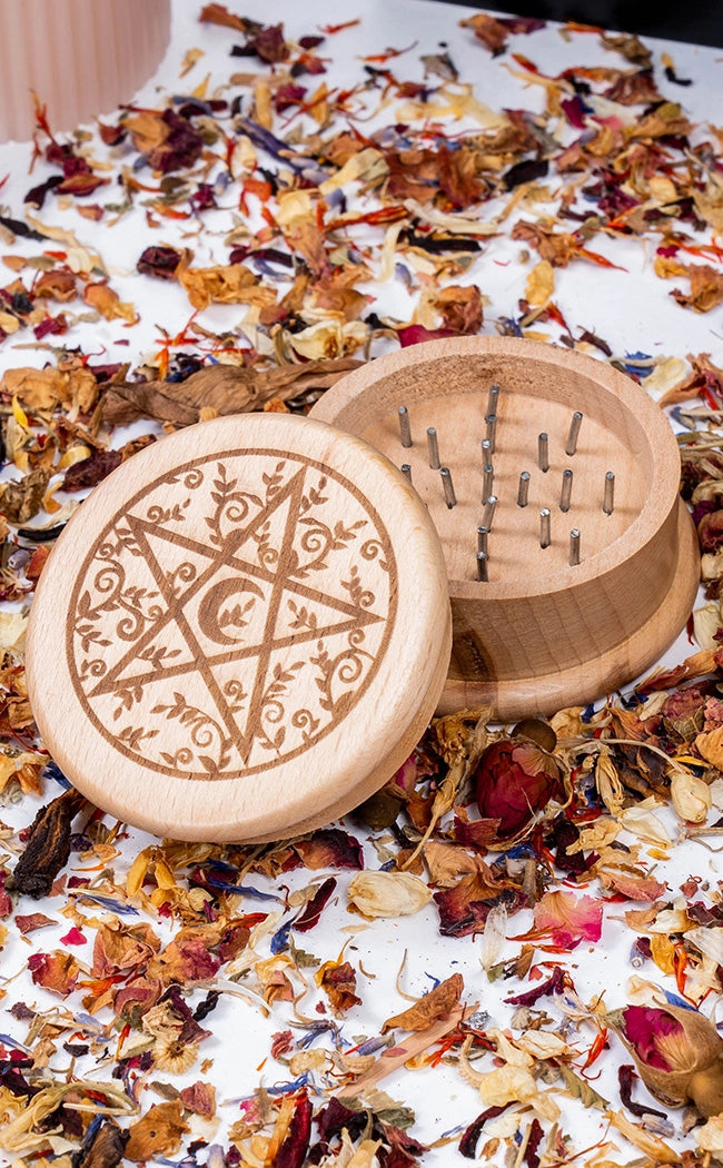 Pentacle Engraved Wooden Herb Grinder-Witchcraft Supplies-Tragic Beautiful