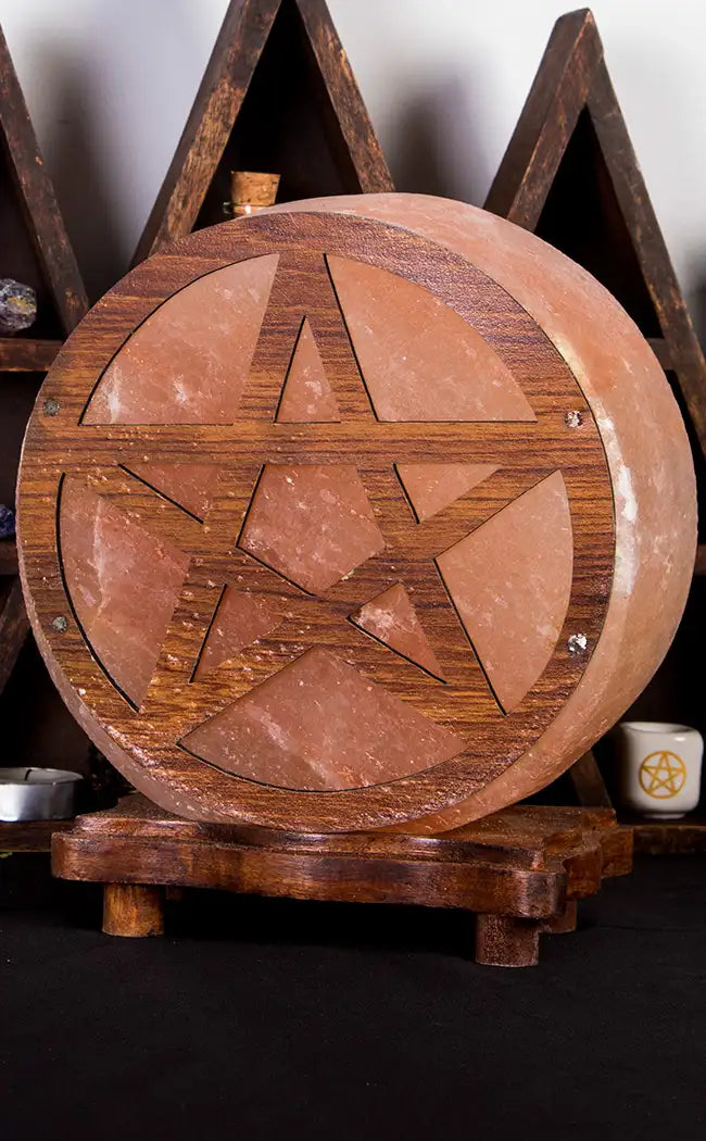 Pentagram Himalayan Salt Lamp With Timber Base