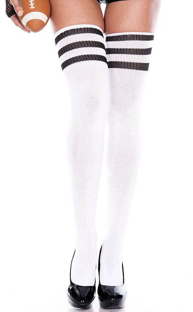 Playing Games Athletic Striped Thigh Socks - White-Music Legs-Tragic Beautiful