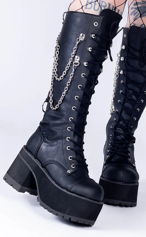 RANGER-303 Black Vegan Leather Platform Knee High Boots (AU Stock)-Demonia-Tragic Beautiful