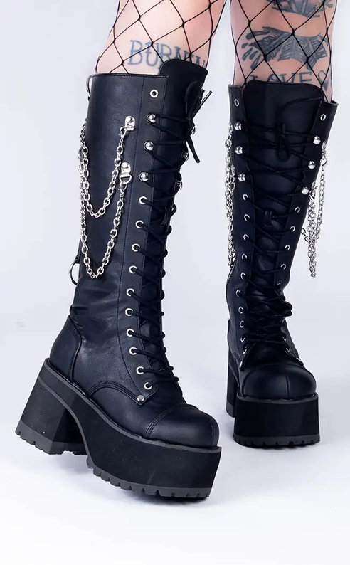 RANGER-303 Black Vegan Leather Platform Knee High Boots-Demonia-Tragic Beautiful