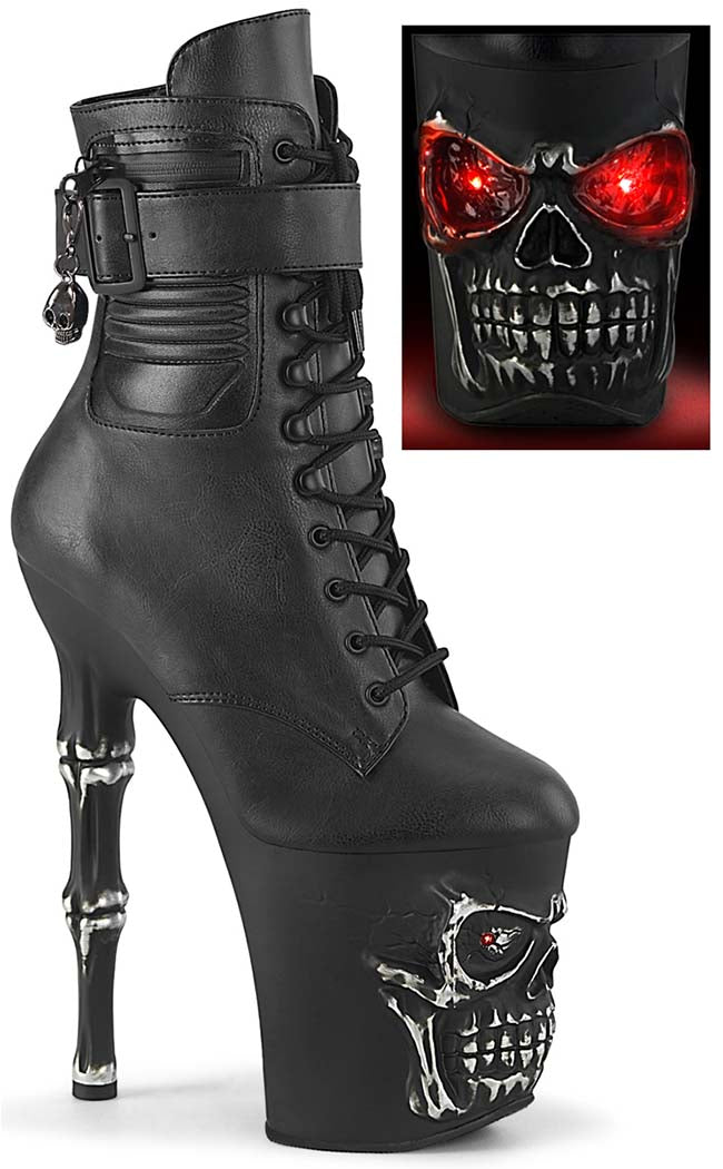 RAPTURE-1020STR-LT Black Matte Light Up Skull Boots-Pleaser-Tragic Beautiful