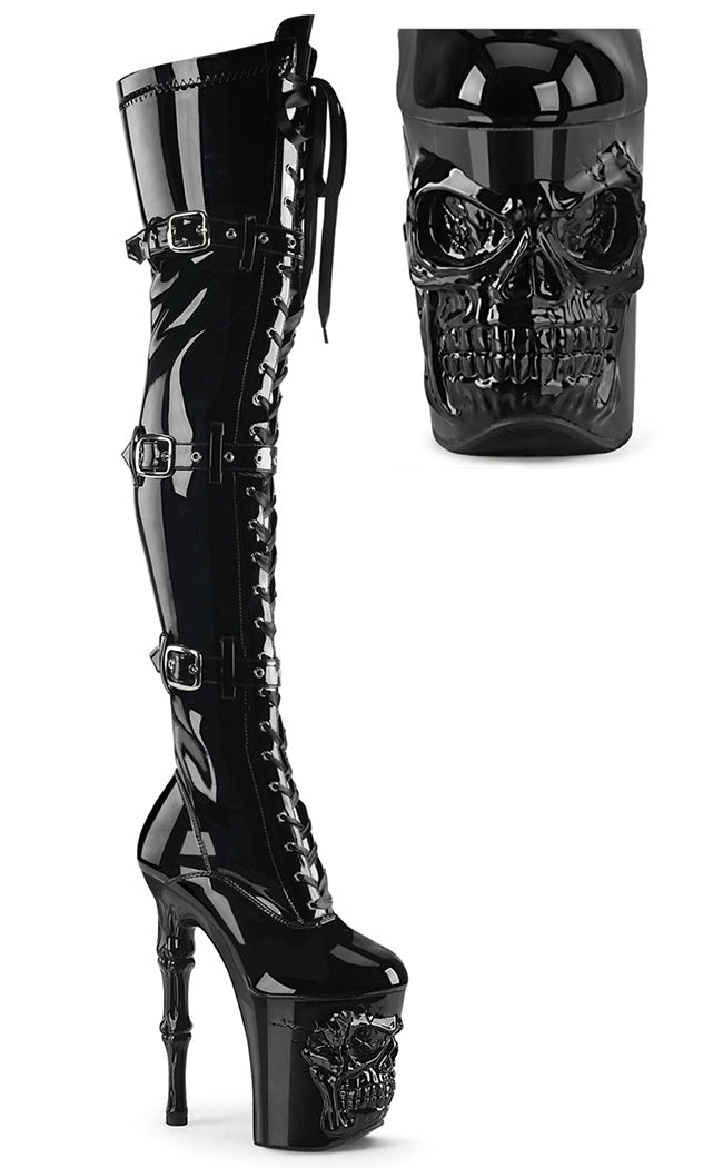 RAPTURE-3028 Black Patent Thigh High Skull Boots-Pleaser-Tragic Beautiful