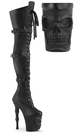 RAPTURE-3028 Black Matte Thigh-High Skull Boots-Pleaser-Tragic Beautiful