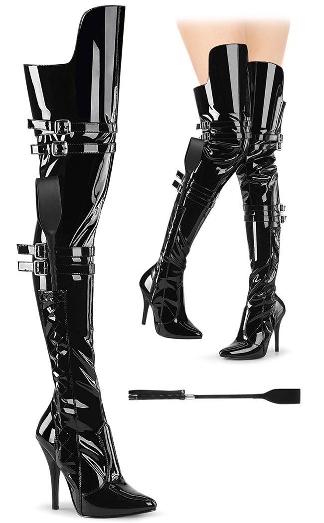 SEDUCE-3080 Black Patent Dominatrix Thigh High Boots-Pleaser-Tragic Beautiful