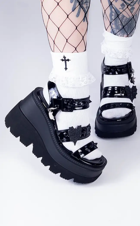 SHAKER-13 Black Patent Wedge Sandals (AU Stock)-Demonia-Tragic Beautiful