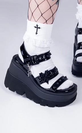 SHAKER-13 Black Patent Wedge Sandals (AU Stock)-Demonia-Tragic Beautiful