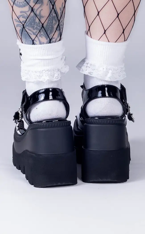 SHAKER-13 Black Patent Wedge Sandals-Demonia-Tragic Beautiful