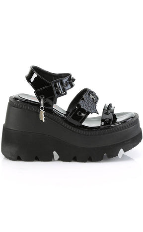 SHAKER-13 Black Patent Wedge Sandals-Demonia-Tragic Beautiful