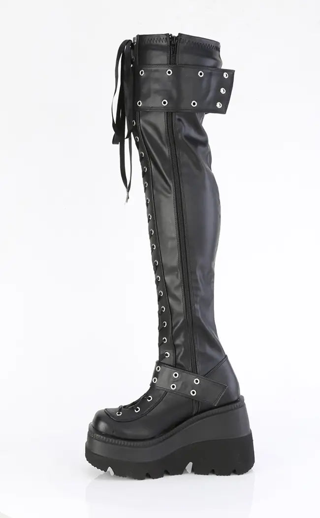 SHAKER-325 Black Stretch Thigh-High Platform Boots-Demonia-Tragic Beautiful