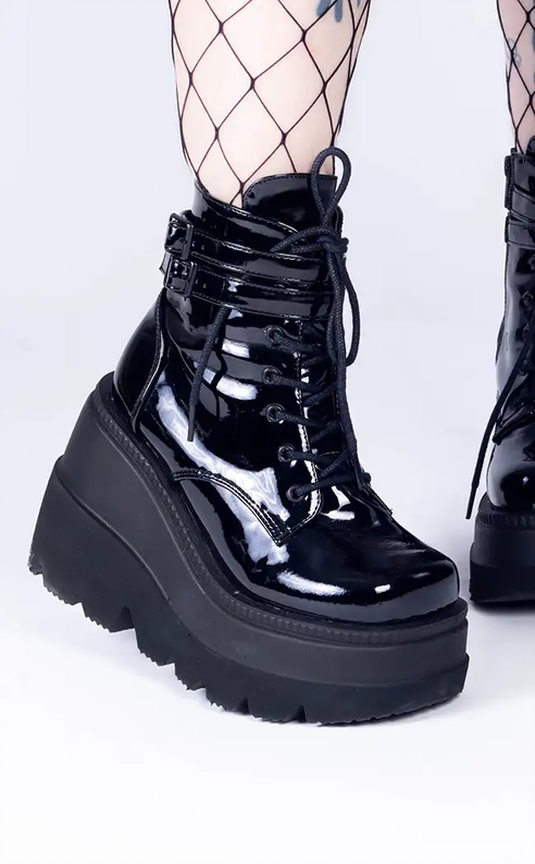 SHAKER-52 Black Patent Platform Ankle Boots (Au Stock)-Demonia-Tragic Beautiful
