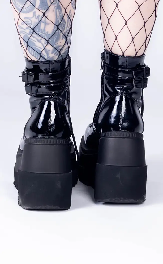 SHAKER-52 Black Patent Platform Ankle Boots-Demonia-Tragic Beautiful