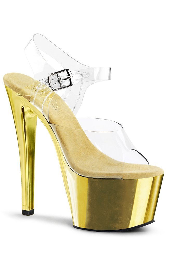 SKY-308 Clr/Gold Chrome Heels-Pleaser-Tragic Beautiful