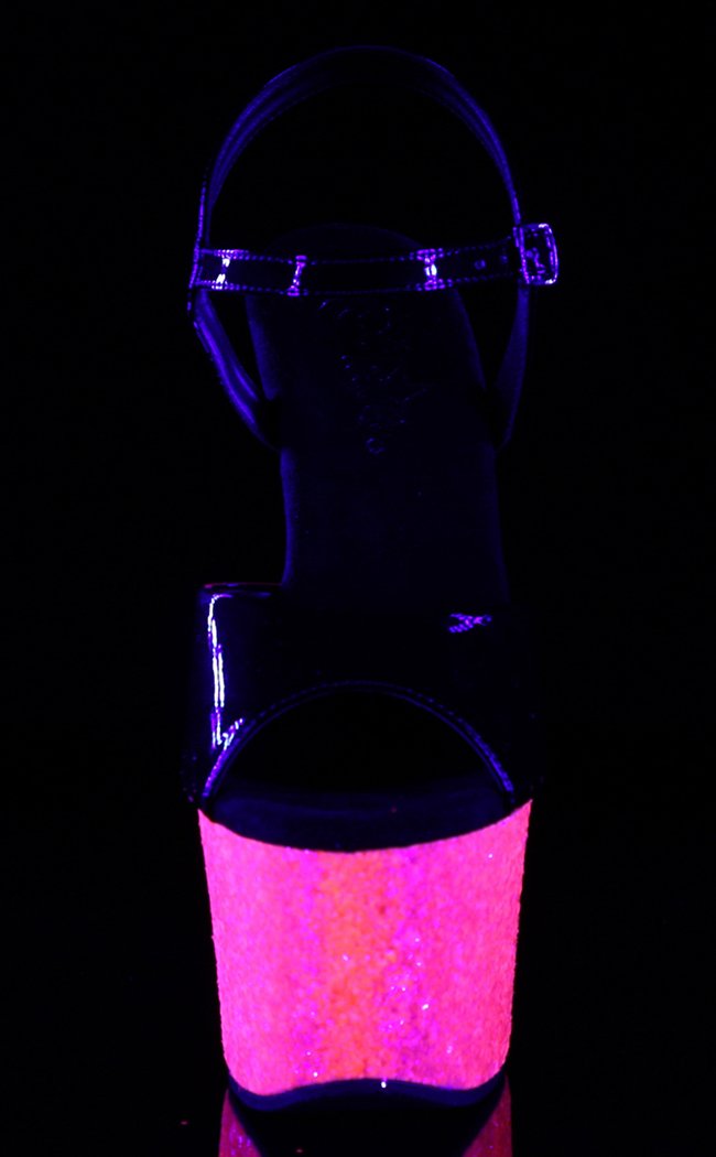 SKY-309UVLG Blk Pat/Neon H. Pink Glitter Heels-Pleaser-Tragic Beautiful