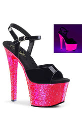 SKY-309UVLG Blk Pat/Neon H. Pink Glitter Heels-Pleaser-Tragic Beautiful