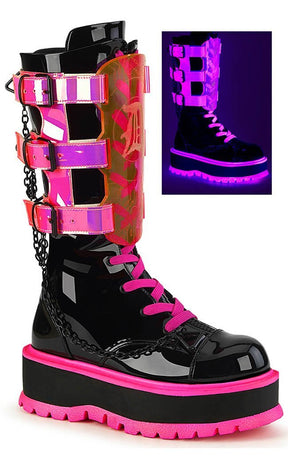 SLACKER-156 Black Patent UV Pink Boots-Demonia-Tragic Beautiful