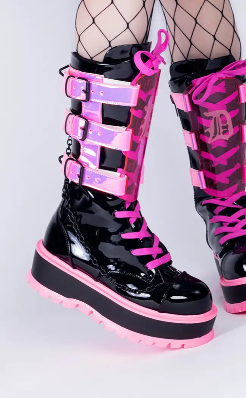 SLACKER-156 Black Patent & UV Pink Platform Boots (AU Stock)-Demonia-Tragic Beautiful