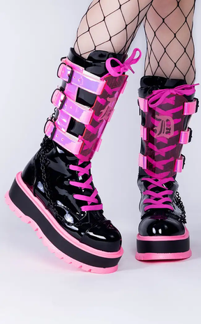 SLACKER-156 Black Patent & UV Pink Platform Boots-Demonia-Tragic Beautiful