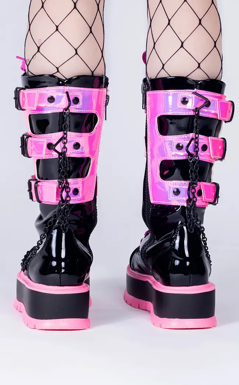 SLACKER-156 Black Patent & UV Pink Platform Boots-Demonia-Tragic Beautiful
