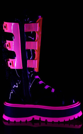 SLACKER-156 Black Patent UV Pink Boots-Demonia-Tragic Beautiful
