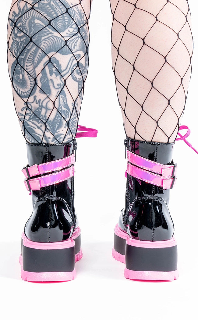 SLACKER-52 Black Patent & UV Pink Platform Ankle Boots