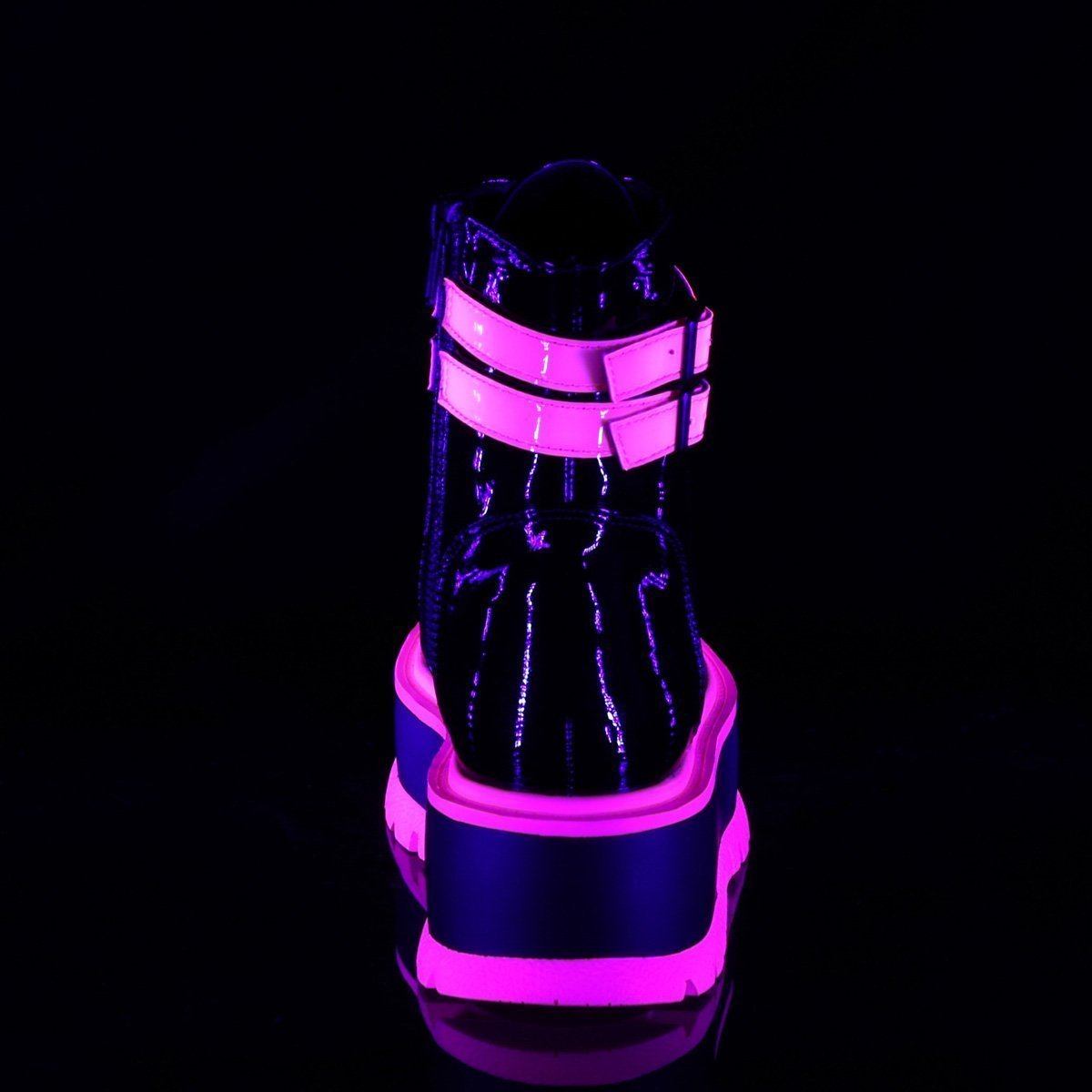 SLACKER-52 Black Patent UV Pink Ankle Boots-Demonia-Tragic Beautiful