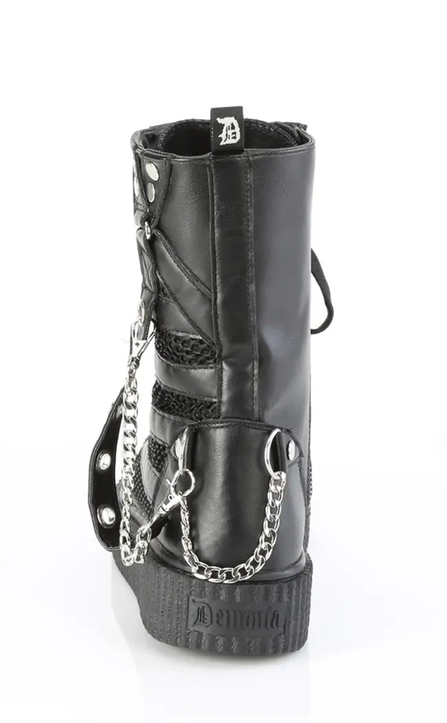 SNEEKER-325 Black Vegan Leather Fishnet Creeper Sneakers-Demonia-Tragic Beautiful