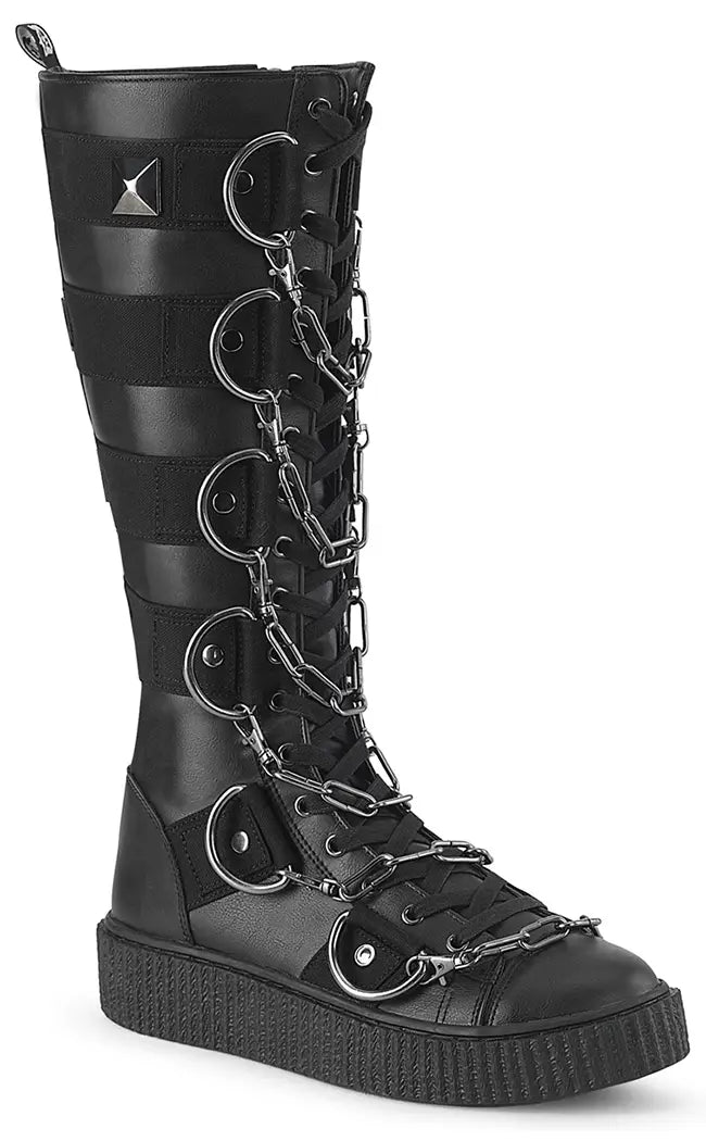 SNEEKER-405 Black Knee High Chains Boots-Demonia-Tragic Beautiful