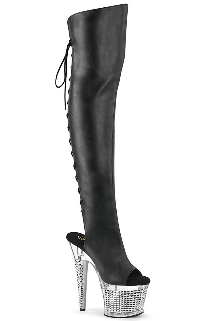 SPECTATOR-3019 Black Matte/Silver Chrome Thigh High Boots-Pleaser-Tragic Beautiful