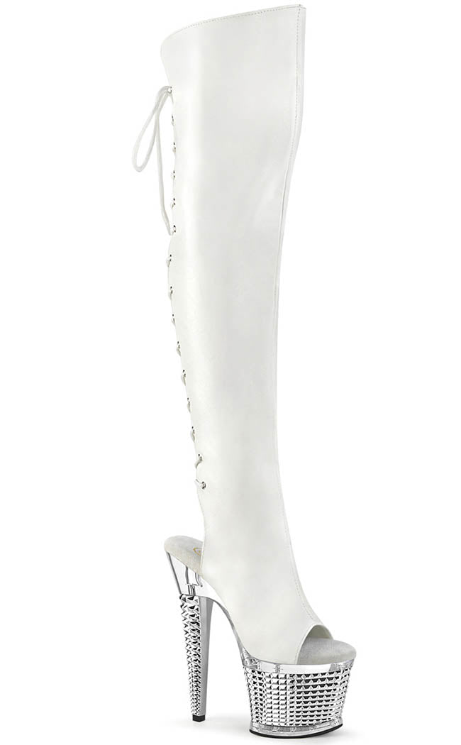 SPECTATOR-3019 White/Silver Chrome Thigh High Boots-Pleaser-Tragic Beautiful