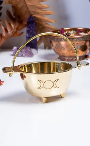Solid Brass Cauldron | Gold Triple Moon-Cauldrons-Tragic Beautiful