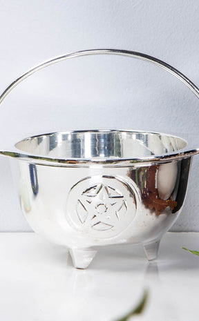 Solid Brass Cauldron | Silver Pentagram-Cauldrons-Tragic Beautiful