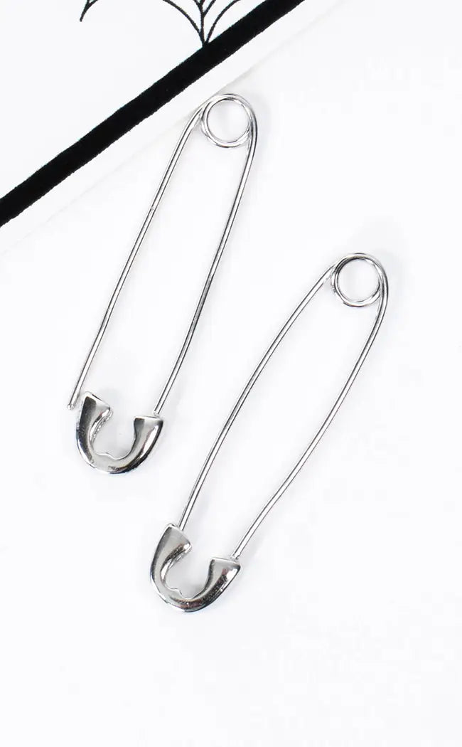 Sterling Silver Safety Pin Earrings-Cold Black Heart-Tragic Beautiful