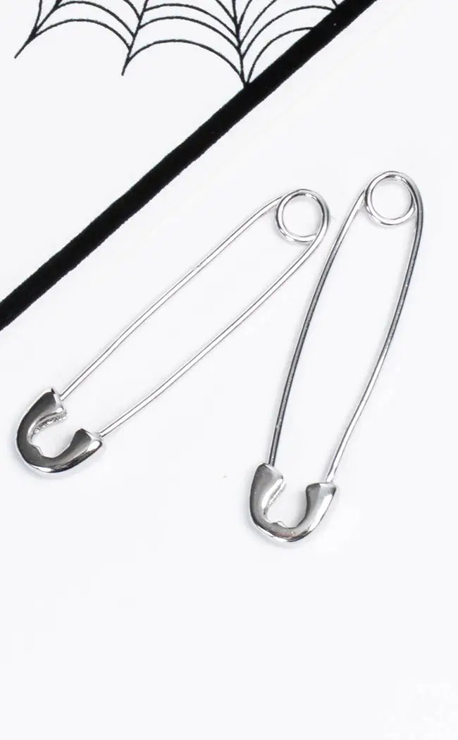 Sterling Silver Safety Pin Earrings-Cold Black Heart-Tragic Beautiful
