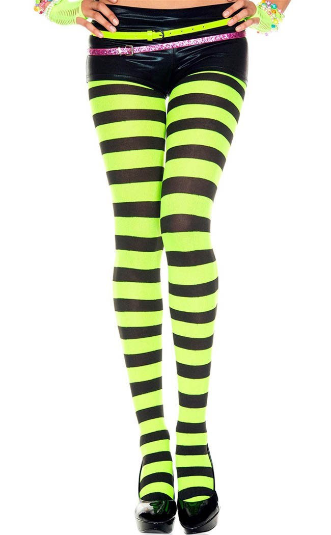 Horizontal Striped Green And Black Striped Tights Plus Size Kids' Semi-Opaque Seamless Tights, Purple/Black Striped, One Size