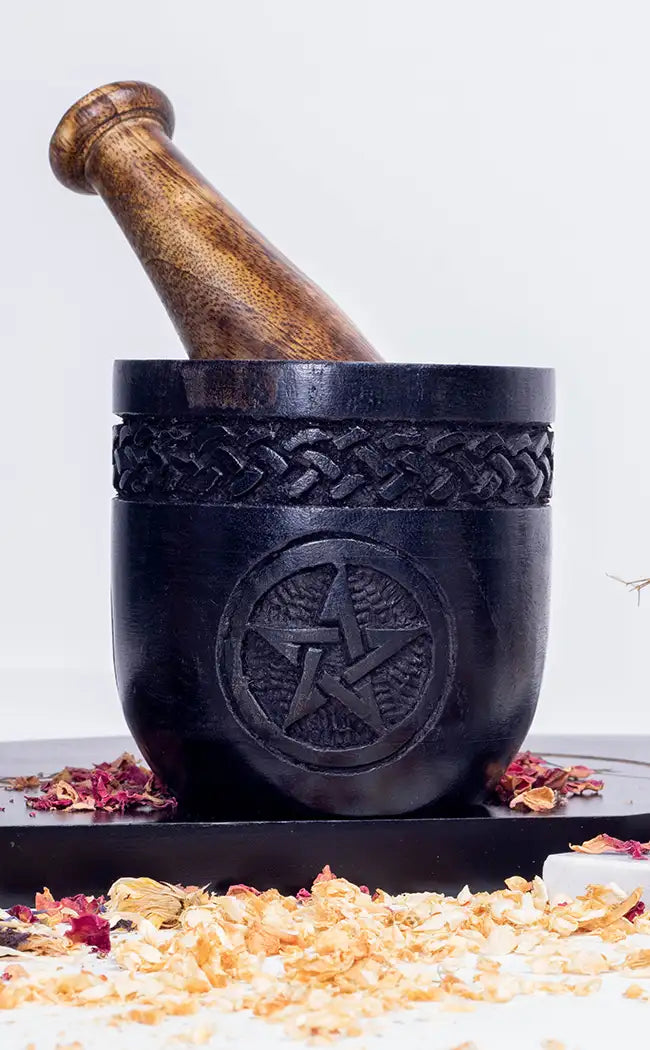 Wooden Pentagram Mortar and Pestle | Black-Witchcraft Supplies-Tragic Beautiful