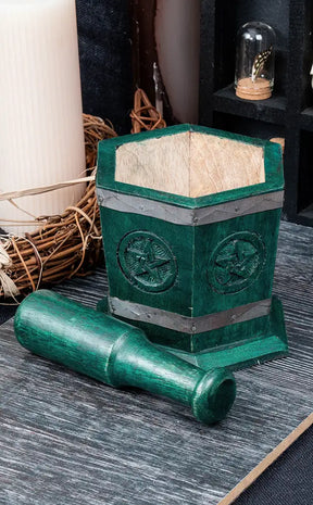 Carved Wooden Hexagon Mortar and Pestle