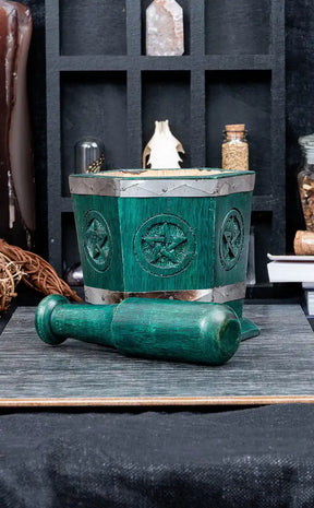 Carved Wooden Hexagon Mortar and Pestle