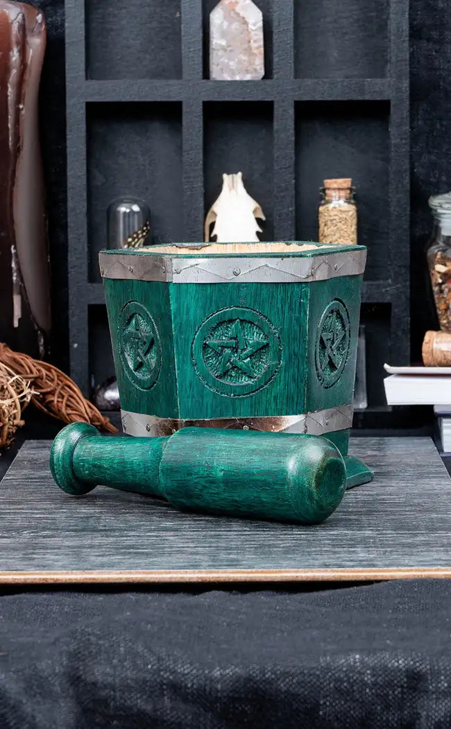Carved Wooden Hexagon Mortar and Pestle