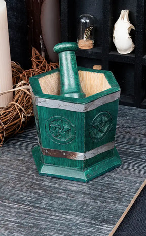 Carved Wooden Hexagon Mortar and Pestle
